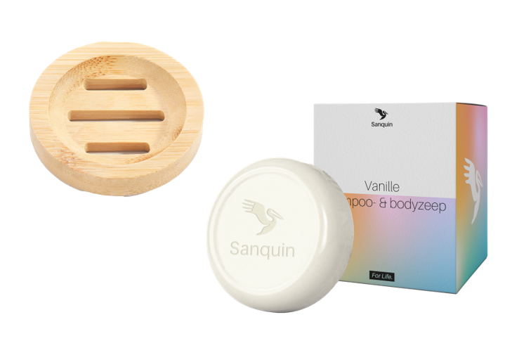 Sanquin shampoo- en bodyzeep met logo en bamboe zeepschaal