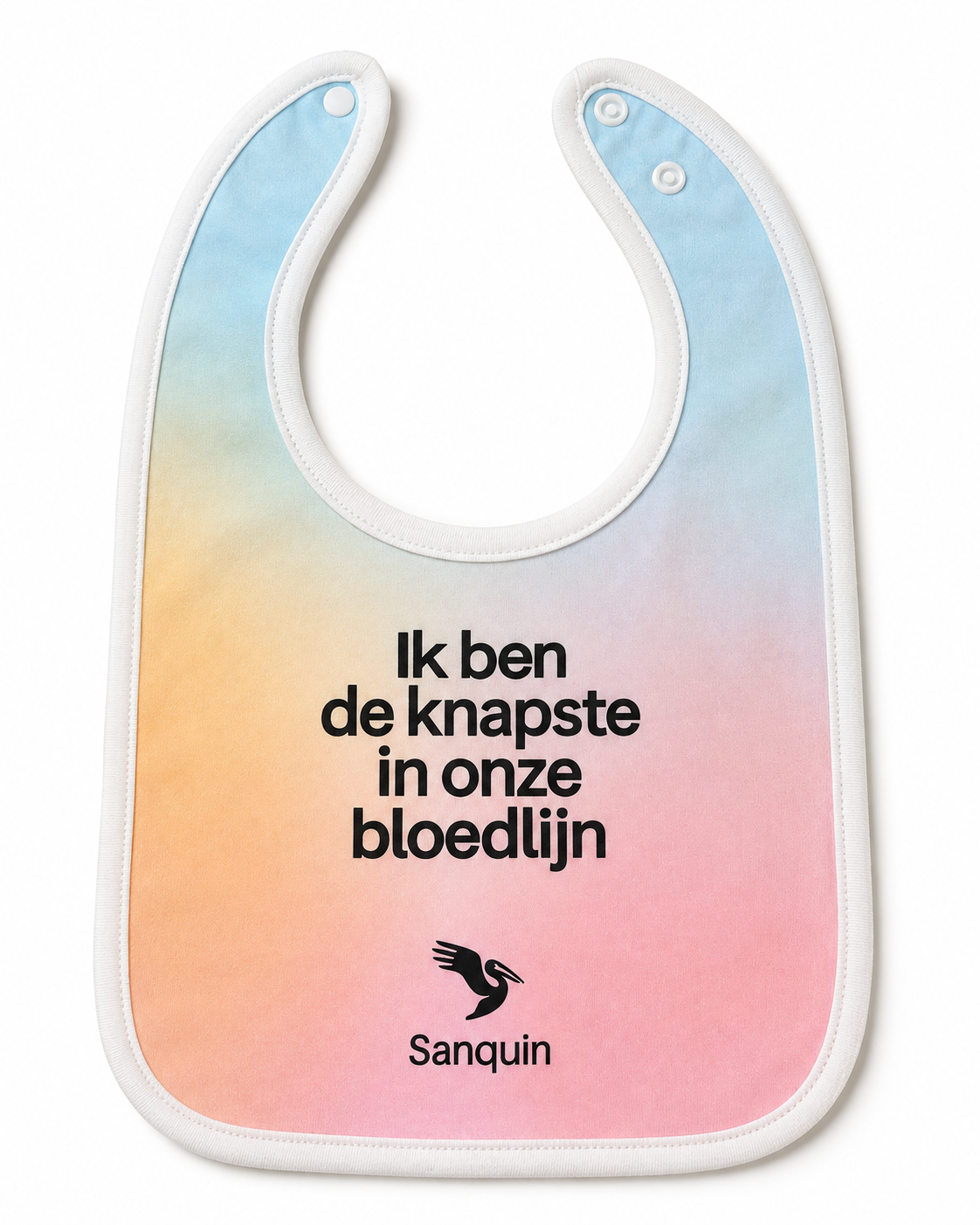 Sanquin bedrukt babyslabbetje met de tekst Ik ben de knapste in onze bloedlijn