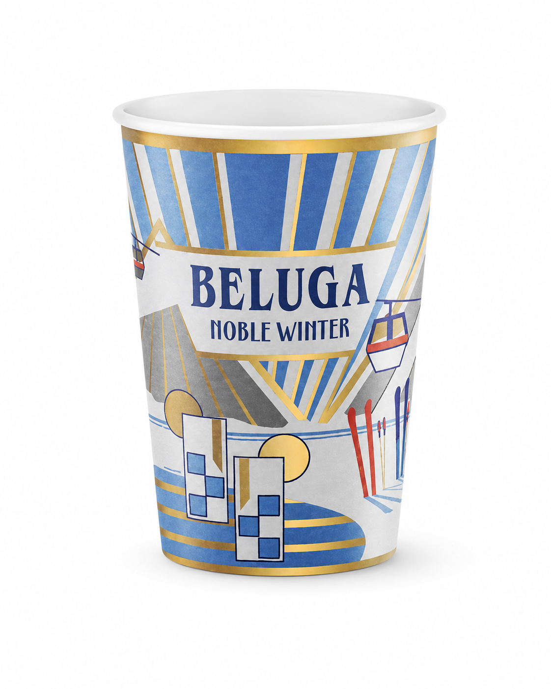Beluga Noble Winter bedruckter Pappbecher mit blau-goldenem Alpenmotiv aus Seilbahnen, Skiern und Bergen