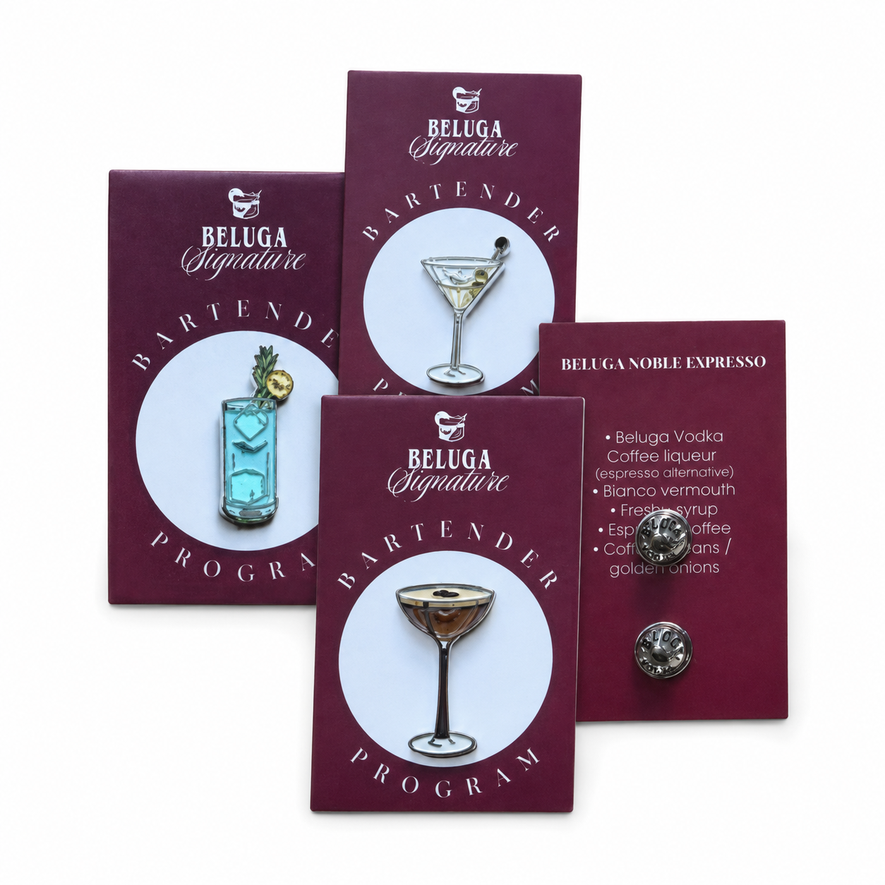 Beluga Signature-Karten mit Emaille-Pins in Cocktailform und eine Rezeptkarte Beluga Noble Expresso