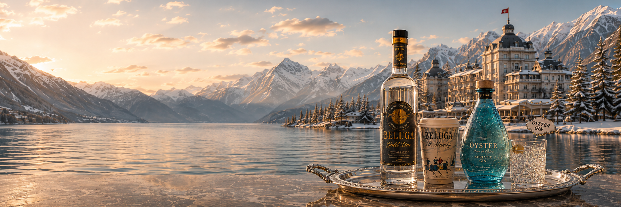 Beluga Gold Line Wodkaflasche und Beluga St. Moritz Becher im Schnee neben einer Flasche Oyster Adriatic Gin an der Küste
